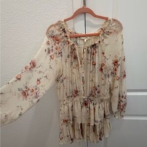 LoveShackFancy Cream Floral Tie-Neck Mini Boho Dress